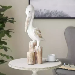 Statues & Figurines>Kirklands Home Coastal Pelican Wood Statue White