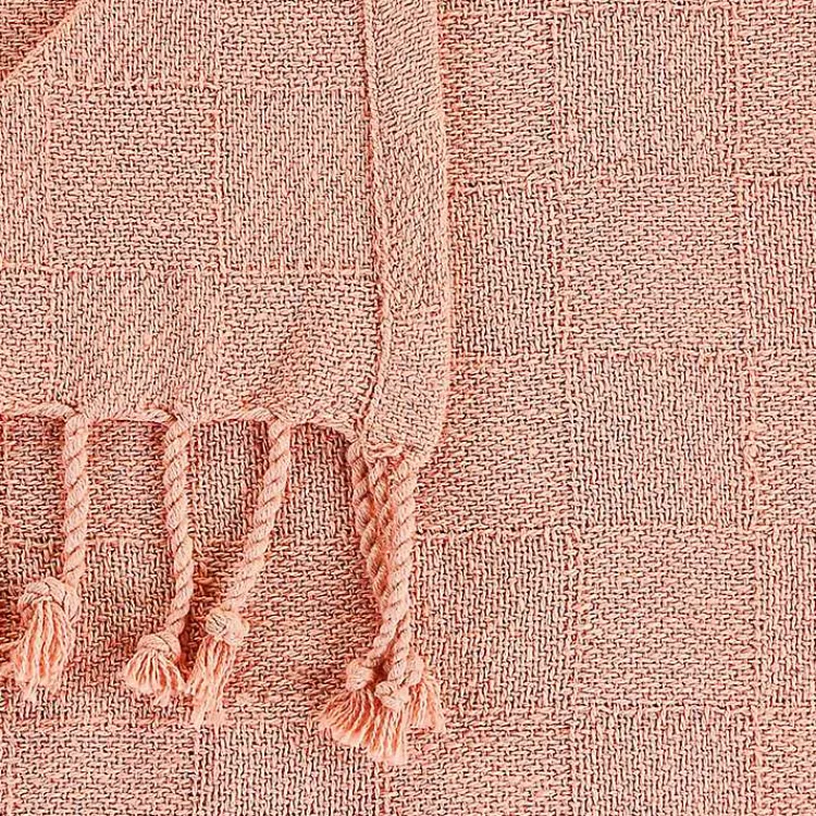 Blankets & Throws>Kirklands Home Coral Checkered Weave Fringe Throw Pink