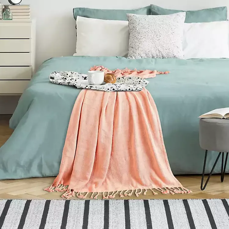Blankets & Throws>Kirklands Home Coral Checkered Weave Fringe Throw Pink