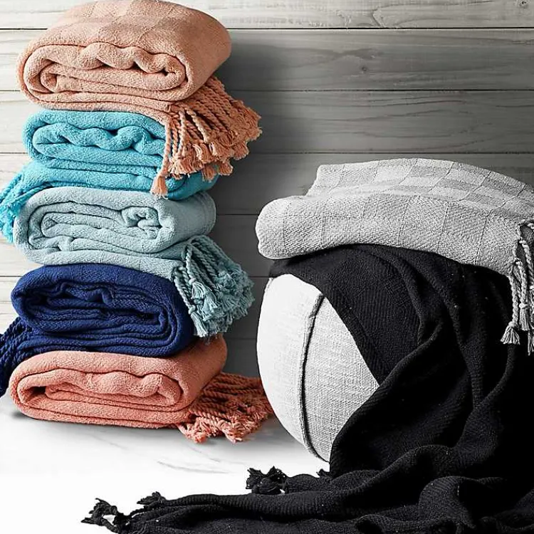 Blankets & Throws>Kirklands Home Coral Checkered Weave Fringe Throw Pink