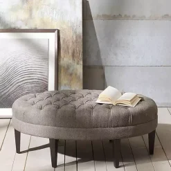 Kirklands Home Cory Tufted Beige Linen Ottoman Gray New