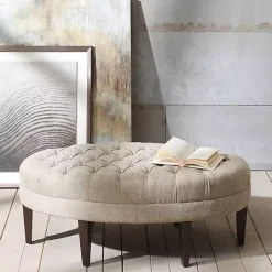 Kirklands Home Cory Tufted Natural Linen Ottoman Tan Best