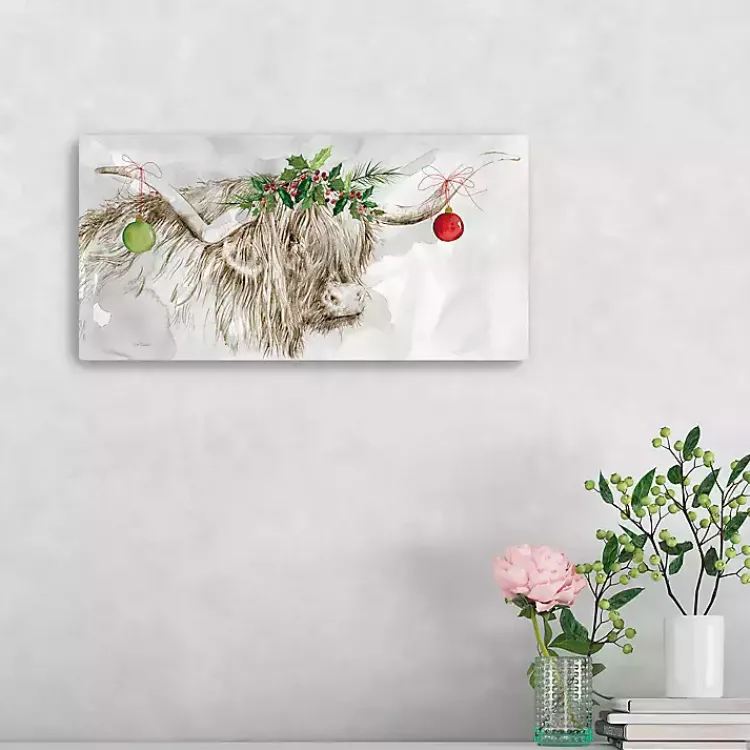 Christmas Art & Wall Decor>Kirklands Home Cow with Ornaments Canvas Art Print Gray