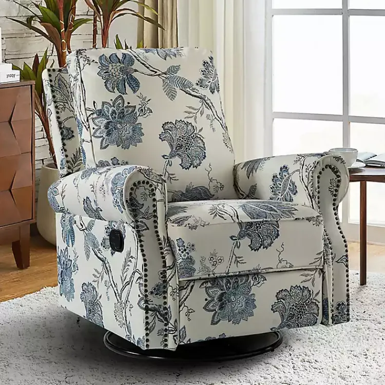 Kirklands Home Cream and Blue Vintage Floral Rocking Recliner Discount