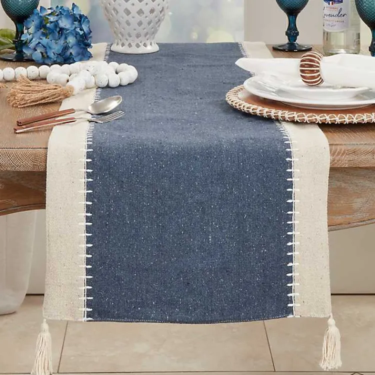 Kirklands Home Cream and Navy Whipstitch Border Table Runner Blue Outlet