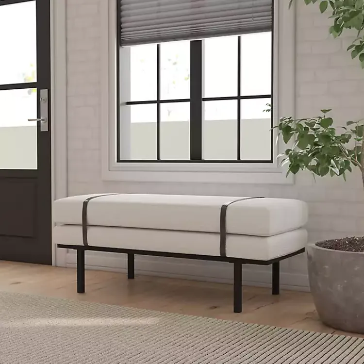 Kirklands Home Cream Boucle Black Faux Leather Bench White Discount