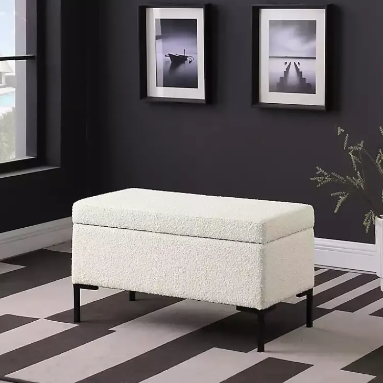 Kirklands Home Cream Boucle Black Metal Storage Bench Ivory New