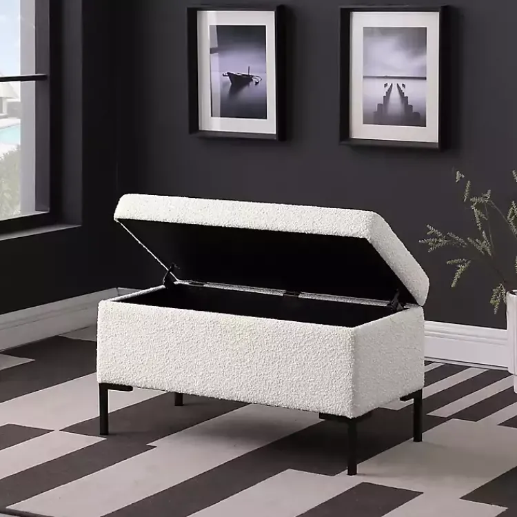 Kirklands Home Cream Boucle Black Metal Storage Bench Ivory New