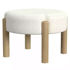 Kirklands Home Cream Boucle Natural Wood Ottoman White New