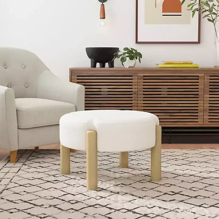 Kirklands Home Cream Boucle Natural Wood Ottoman White New