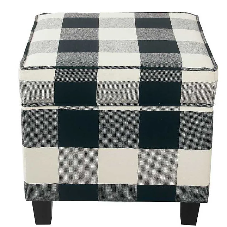 Kirklands Home Cream Buffalo Plaid Upholstered Storage Ottoman Hot