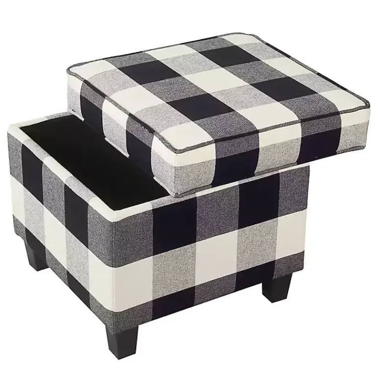 Kirklands Home Cream Buffalo Plaid Upholstered Storage Ottoman Hot