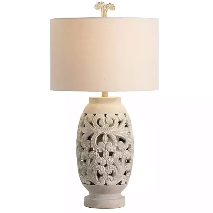 Kirklands Home Cream Carved Floral Table Lamp Ivory New