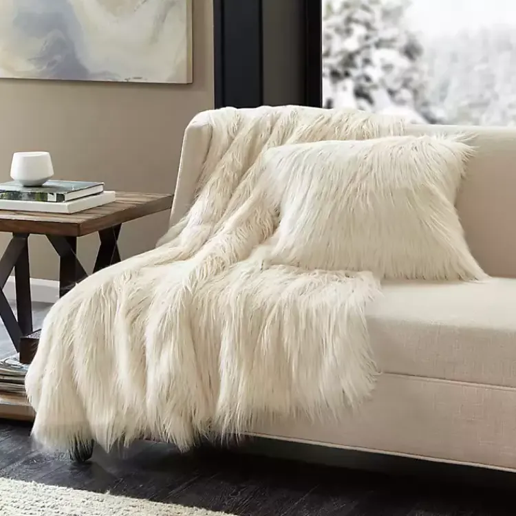 Blankets & Throws>Kirklands Home Cream Faux Mink Fluffy Throw Ivory