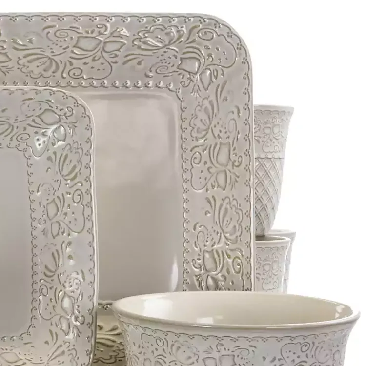 Kirklands Home Cream Lotus Pattern 16-pc. Square Dinnerware Set Ivory Best