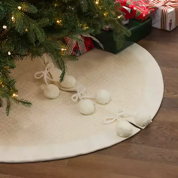 Christmas Tree Skirts & Collars>Kirklands Home Cream Metallic Pom Pom Christmas Tree Skirt Ivory