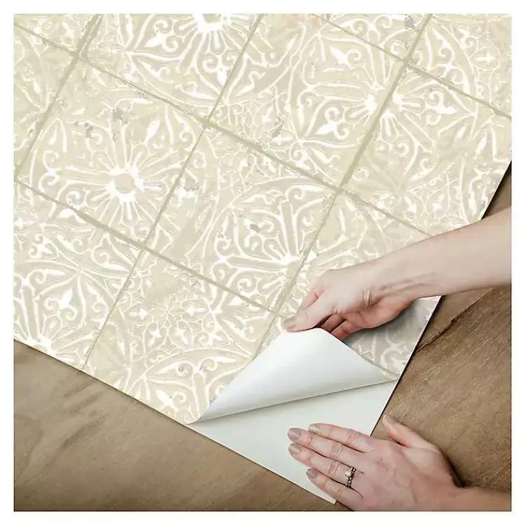 Kirklands Home Cream Provincial Tiles Peel & Stick Wallpaper Tan New