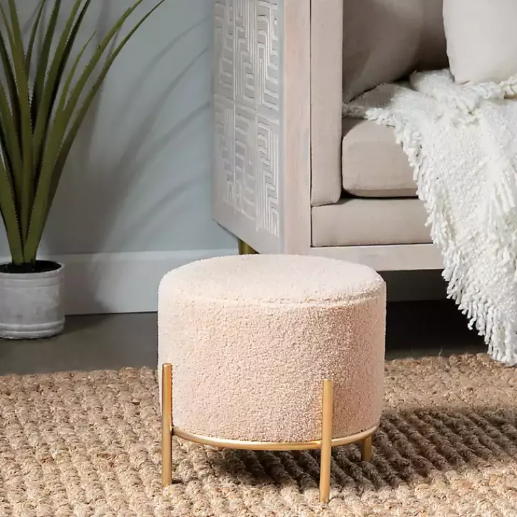 Kirklands Home Cream Sherpa Upholstered Round Ottoman Ivory Sale