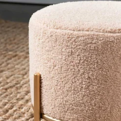 Kirklands Home Cream Sherpa Upholstered Round Ottoman Ivory Sale