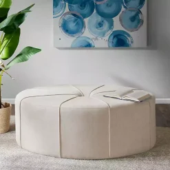 Kirklands Home Cream Thick Welting Center Button Oval Ottoman Ivory