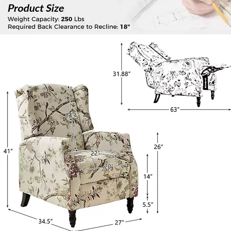 Kirklands Home Cream Vintage Floral Reclining Armchair Outlet