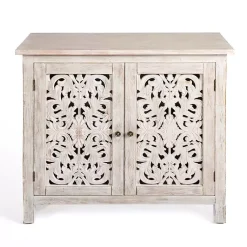 Kirklands Home Cream Washed Wood Carved Door Cabinet Tan Clearance