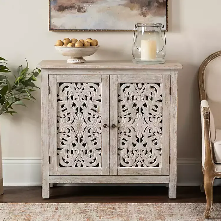 Kirklands Home Cream Washed Wood Carved Door Cabinet Tan Clearance