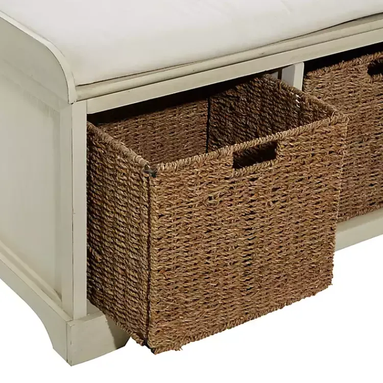 Kirklands Home Cream Wood Bench with Storage Baskets White Sale
