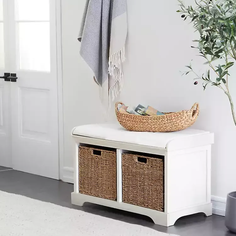 Kirklands Home Cream Wood Bench with Storage Baskets White Sale