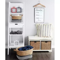 Kirklands Home Cream Wood Bench with Storage Baskets White Sale