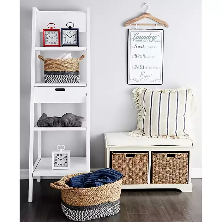 Kirklands Home Cream Wood Bench with Storage Baskets White Sale