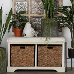 Kirklands Home Cream Wood Bench with Storage Baskets White Sale