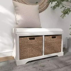 Kirklands Home Cream Wood Bench with Storage Baskets White Sale