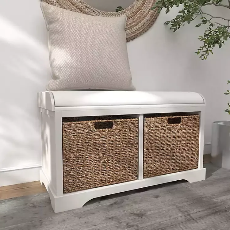 Kirklands Home Cream Wood Bench with Storage Baskets White Sale