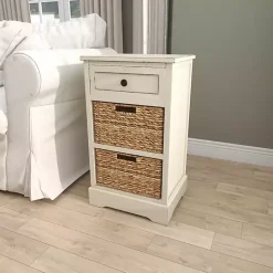 Kirklands Home Cream Wood Side Table with Woven Baskets Ivory Sale