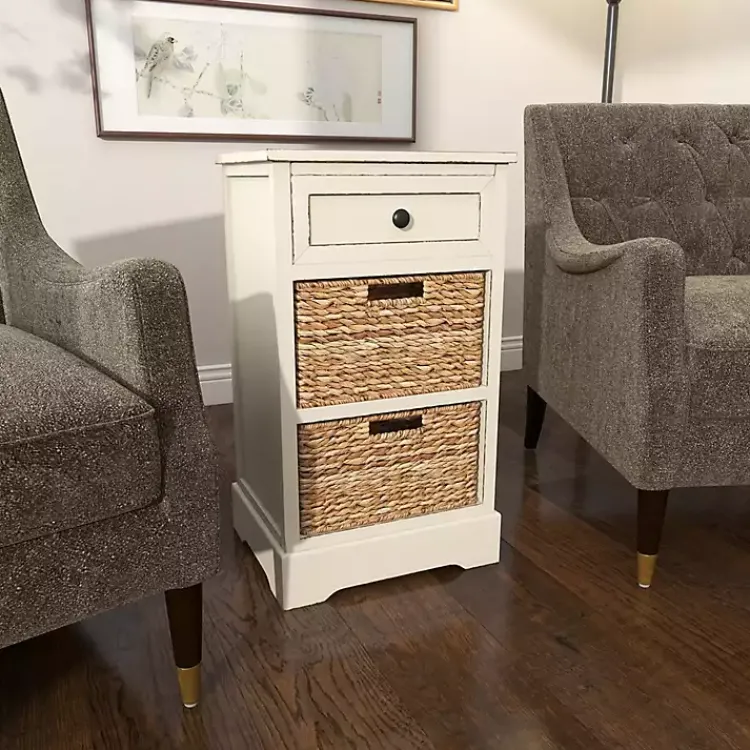 Kirklands Home Cream Wood Side Table with Woven Baskets Ivory Sale
