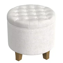 Kirklands Home Cream Woven Upholstered Tufted Storage Ottoman White Hot