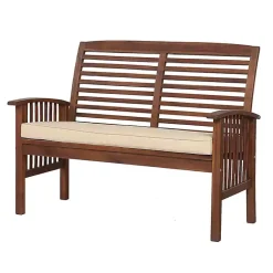 Kirklands Home Dark Acacia Wood Loveseat Bench with Cushion Brown Clearance
