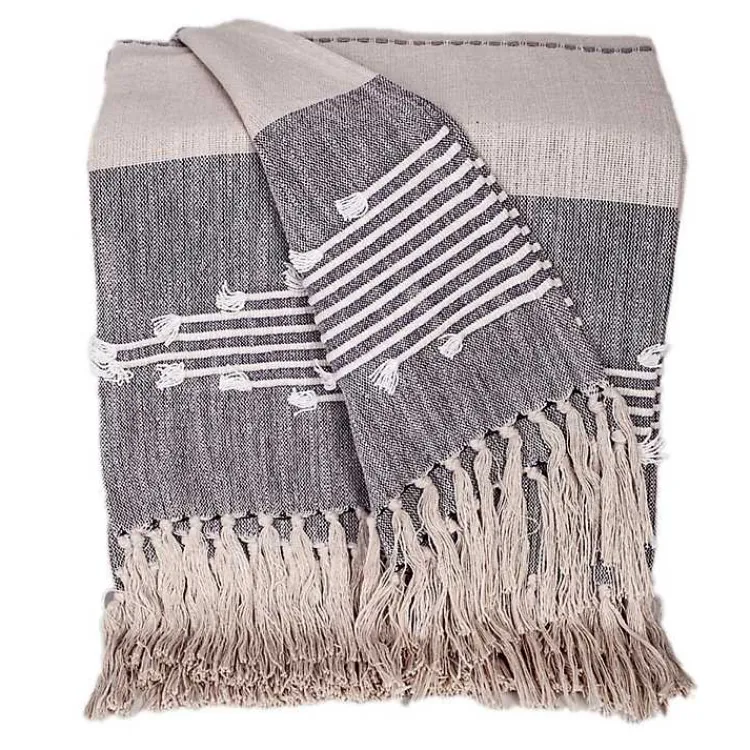 Blankets & Throws>Kirklands Home Dark Slub Striped Tassel Throw Gray