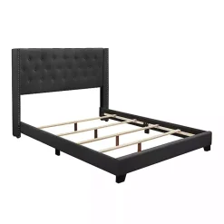 Kirklands Home Dark Upholstered Button Tufted Wing Queen Bed Gray