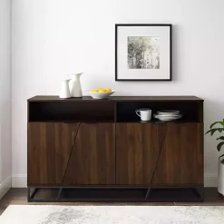 Kirklands Home Dark Walnut Angled Door Wooden Sideboard Cabinet Brown Outlet