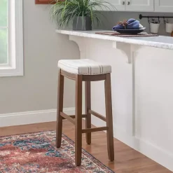 Kirklands Home Dark Wood Bar Stool with Striped Cushion Gray Sale