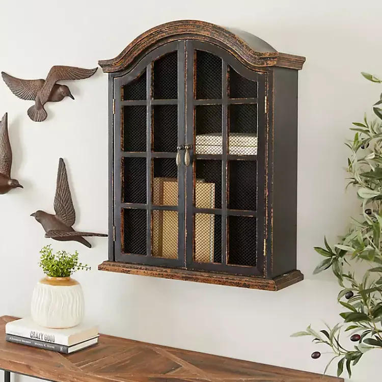 Kirklands Home Distressed Black Wood Wall Cabinet Clearance