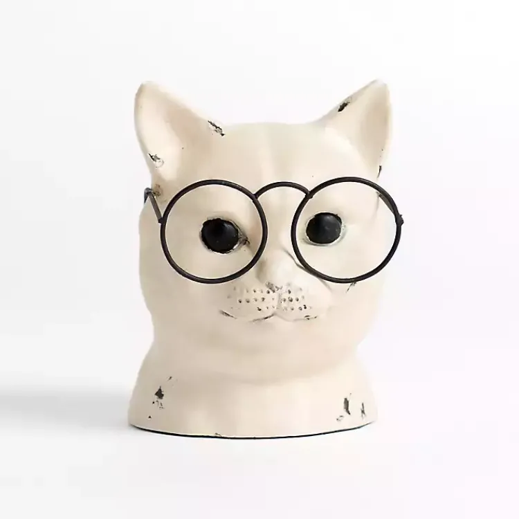 Statues & Figurines>Kirklands Home Distressed Cream Cat with Glasses Figurine White