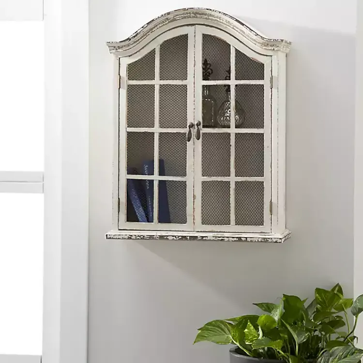 Kirklands Home Distressed Cream Wood Wall Cabinet