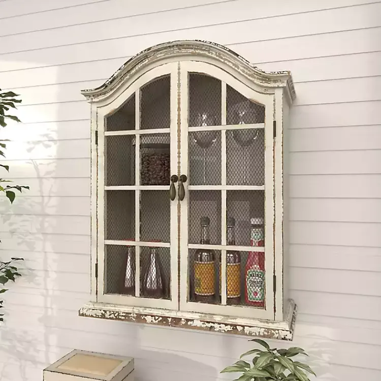 Kirklands Home Distressed Cream Wood Wall Cabinet