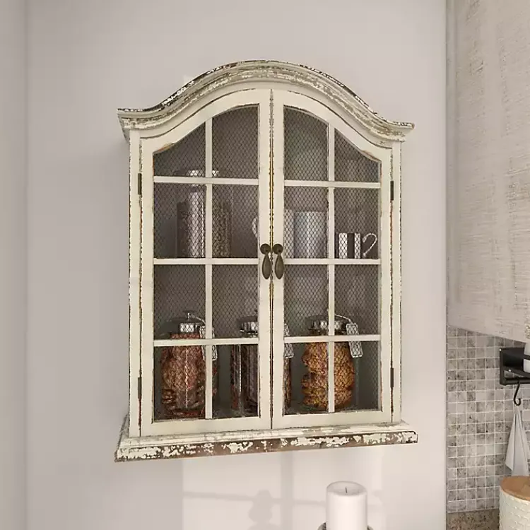 Kirklands Home Distressed Cream Wood Wall Cabinet