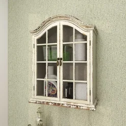 Kirklands Home Distressed Cream Wood Wall Cabinet