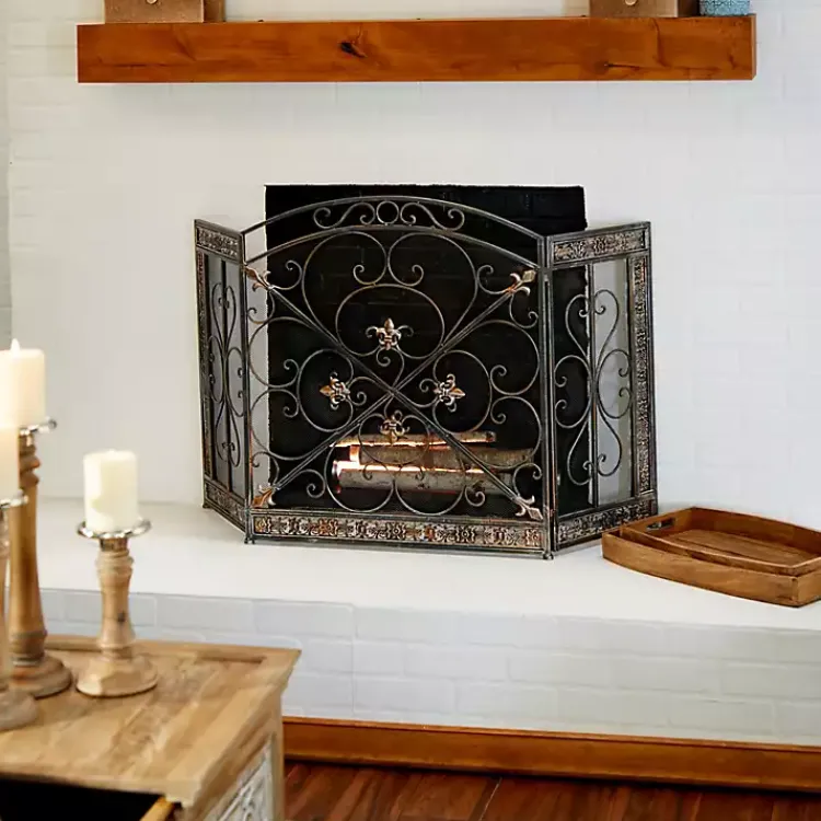 Fireplace Accessories>Kirklands Home Distressed Fleur De Lis Three-Panel Fire Screen