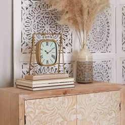 Decorative Accents>Kirklands Home Distressed Gold Frame Square Tabletop Clock